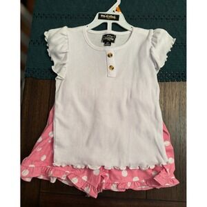 My Destiny Girls White Ribbed Henley Top and Pink Polka Dot Ruffle Shorts Set 6X